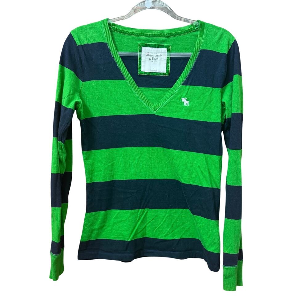 Abercrombie & Fitch Y2K Rugby Stripe V-Neck Size Large Casual Long Sleeve
